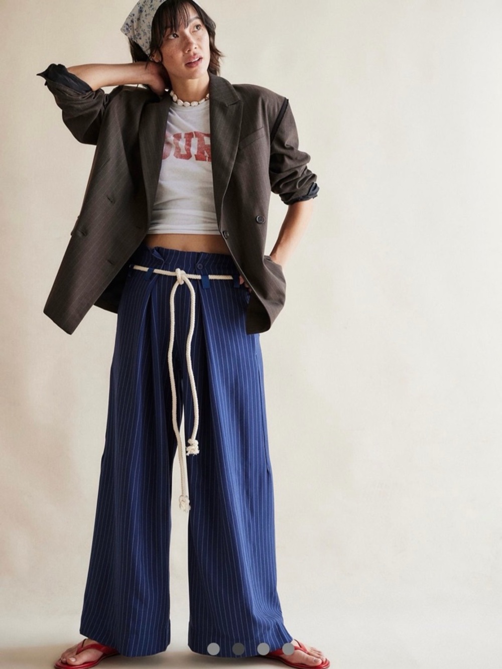 Free People Navy Pinstripe Wide-Leg Pants with Cream Rope Belt